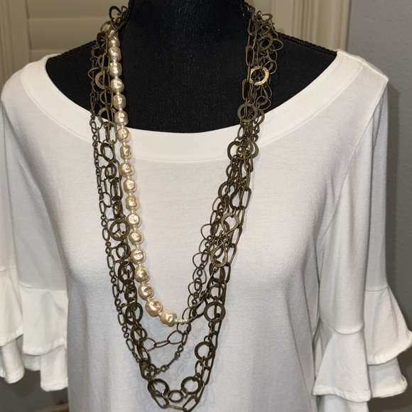 Long multi strand chain faux pearl statement necklace - Picture 7 of 8